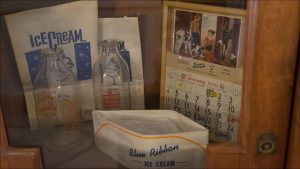 A historical display recalls Blue Ribbon Dairy and Drive-In, which operated in Noblesville nearly 40 years. Opened in 1935, the dairy built a plant on State Road 19 in 1939. In 1952, Blue Ribbon narrowed its focus to ice cream and later added curb service and a lunch counter