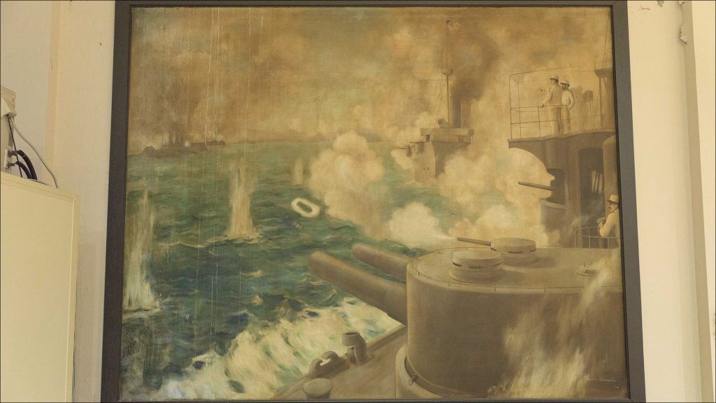 The gymnasium walls sport 12-foot-by-15-foot murals depicting famous naval battles and events.