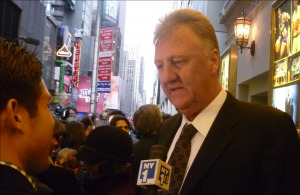 Indiana hoops legend Larry Bird chats with the New York City media at the Broadway debut of ''Magic-Bird.''