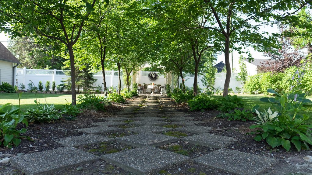 The backyard once was a junk yard but it has been transformed into a formal garden with tree-lined pathways.
