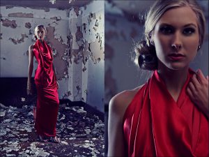 Del Busto's red satin-finish gown with exaggerated cowl neck reflects the designer's Latin American background.
