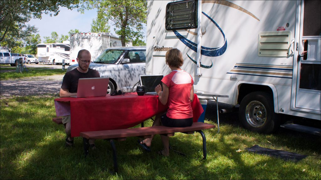 Working outside is one of the benefits of Arnold's arrangement. He and wife Amy took advantage of the chance at an RV park in Bozeman, Mont.