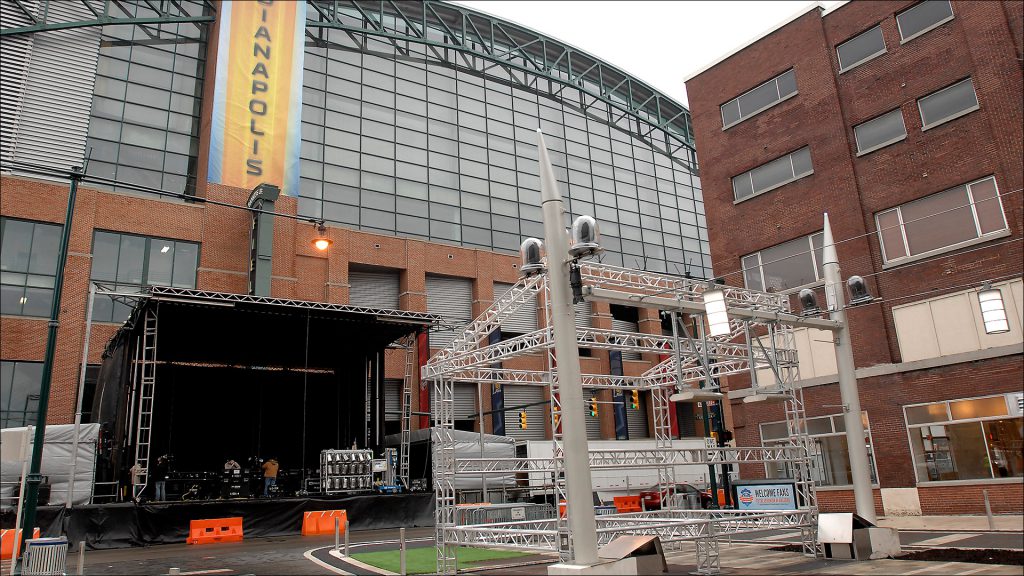 The Georgia Street stage in front of Bankers Life Fieldhouse in Super Bowl Village was readied for a steady string of acts.