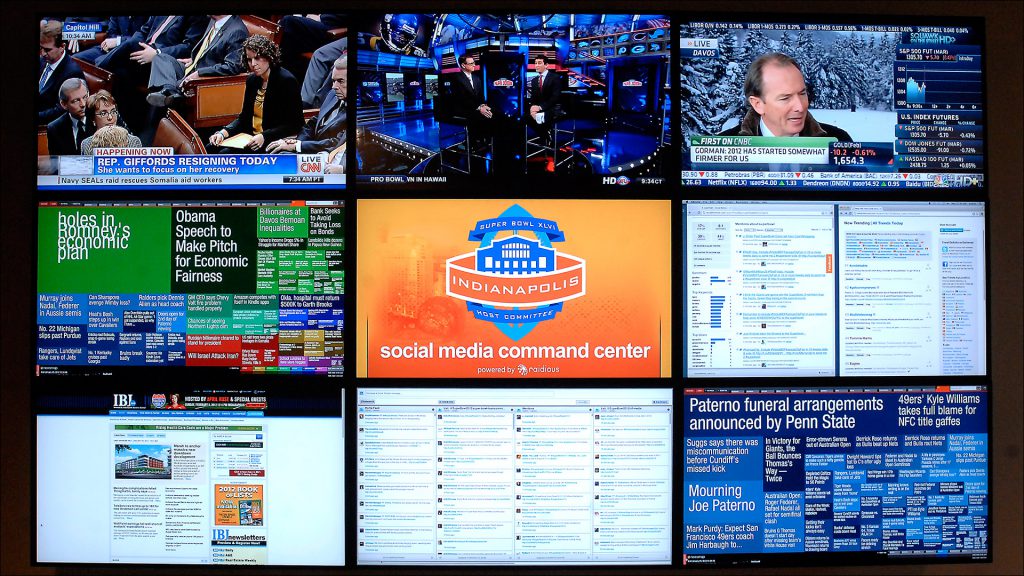 The Social Media Command Center is a Super Bowl first: Volunteers monitor multiple sources for references to Super Bowl XLVI and Indianapolis.