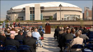 David Frick, chairman of the Indiana Stadium and Convention Building Authority, speaks to guests.