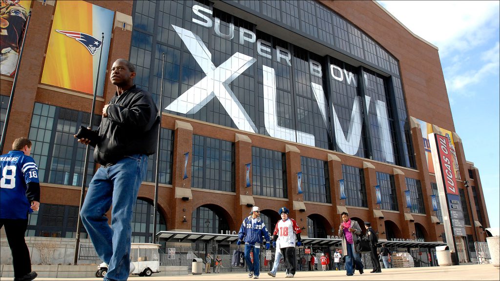 Lucas Oil Stadium is the site of the NFL championship game between the New England Patriots and New York Giants.