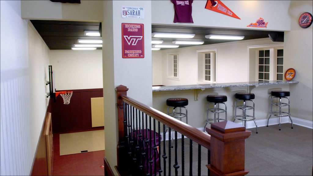The half court basketball court evokes memories of Sarah Lushin's alma mater of Virginia Tech University.