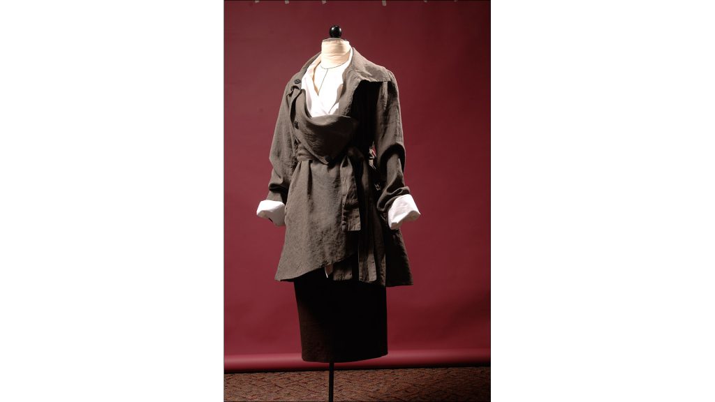 Taupe cowl-neck coat in tropical wool by Gary Graham, $900, at 8 Fifteen