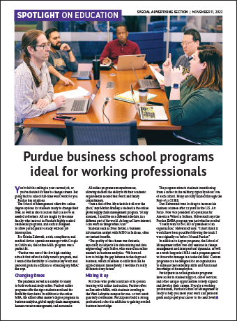 Page from Focus section of IBJ, headline 'Purdue business school programs ideal for working professionals'