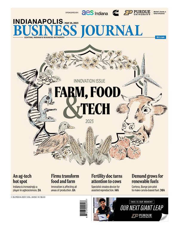 Cover of IBJ's Innovation issue with the title 'Farm, Food, and Tech' surrounded by a wreath of agricultural products and tech equipment including a cow, ears of corn, and a microscope.
