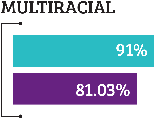 Bar chart of graduation rates for Multiracial students with a teal bar representing a 91% graduation rate at MSDLT schools and a purple bar representing a 81.03% graduation rate statewide according to state statistics