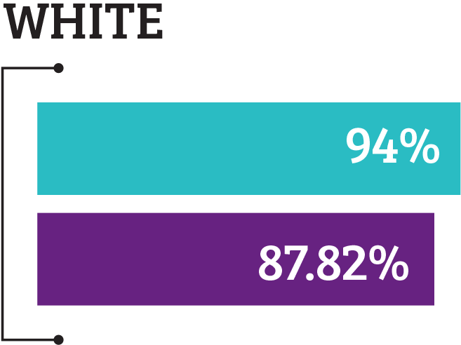 Bar chart of graduation rates for White students with a teal bar representing a 94% graduation rate at MSDLT schools and a purple bar representing a 87.82% graduation rate statewide according to state statistics
