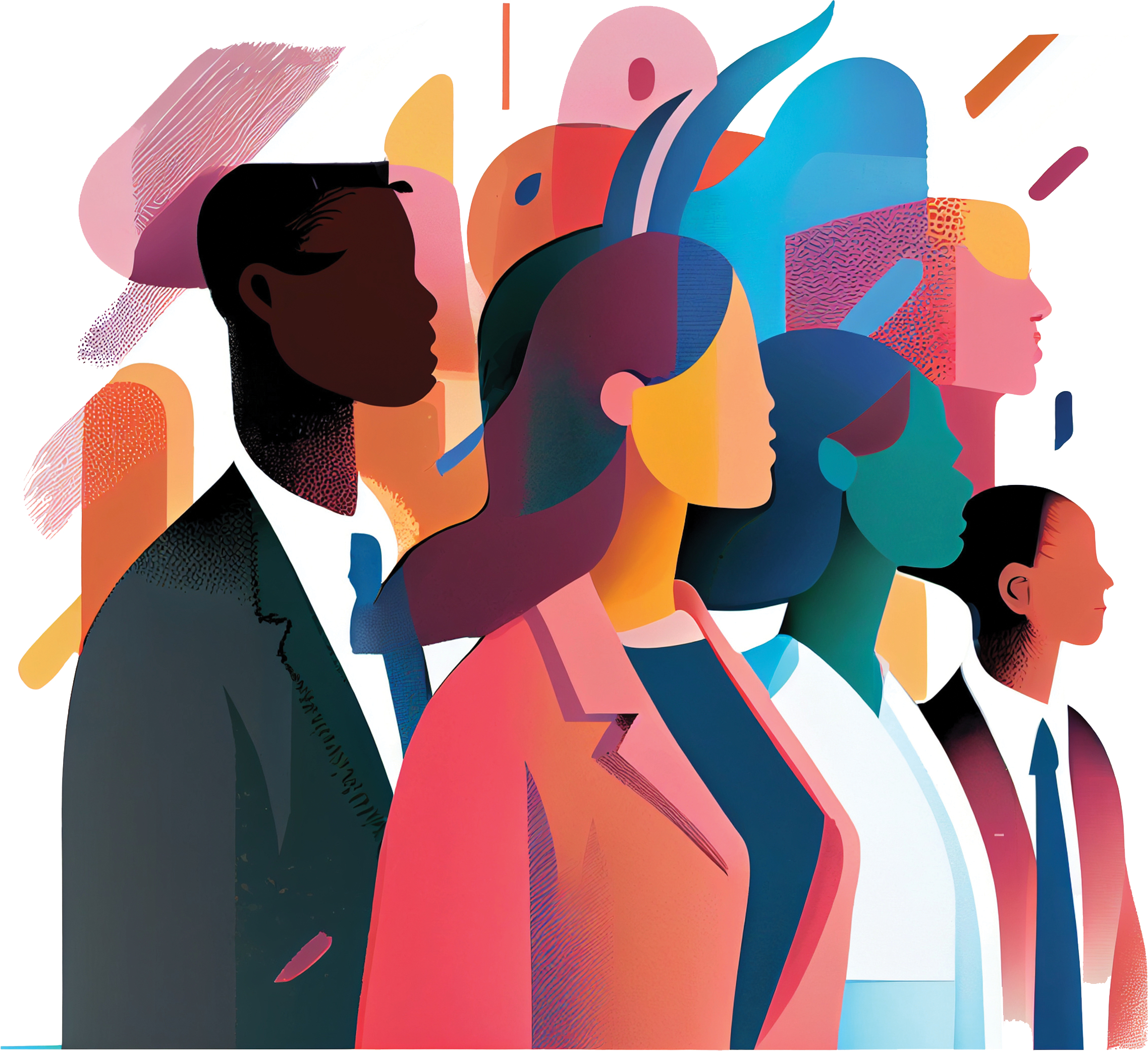  Colorful minimalist illustration of a racially diverse group of people in business attire looking to the distance