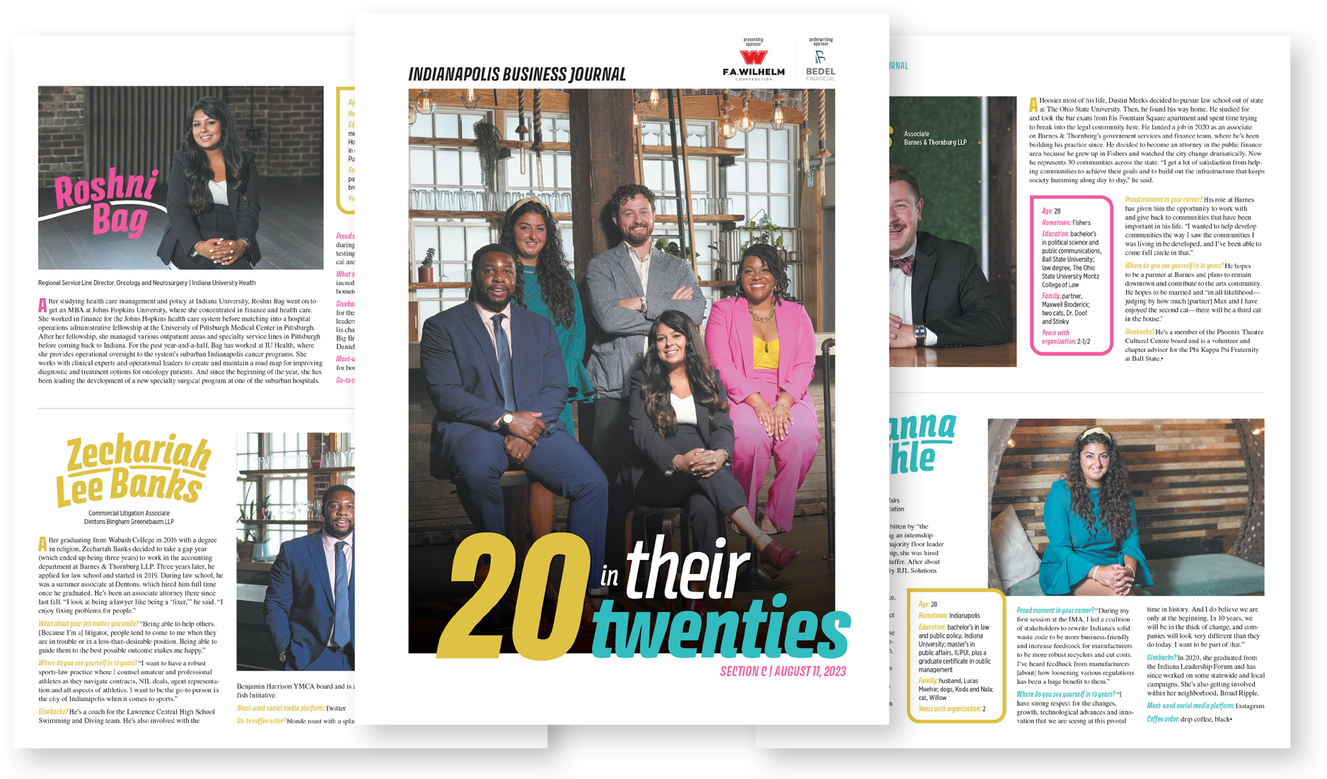 The cover and two interior pages from the 2023 Indianapolis Business Journal 20 in their Twenties supplement