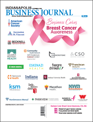 Cover of IBJ's 2023 Business Cares, Breast Cancer Awareness issue, featuring the logos of all 22 supporting companies listed below.
