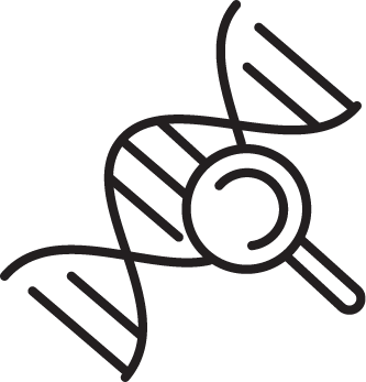 Line art of a magnifying glass in front of a DNA strand