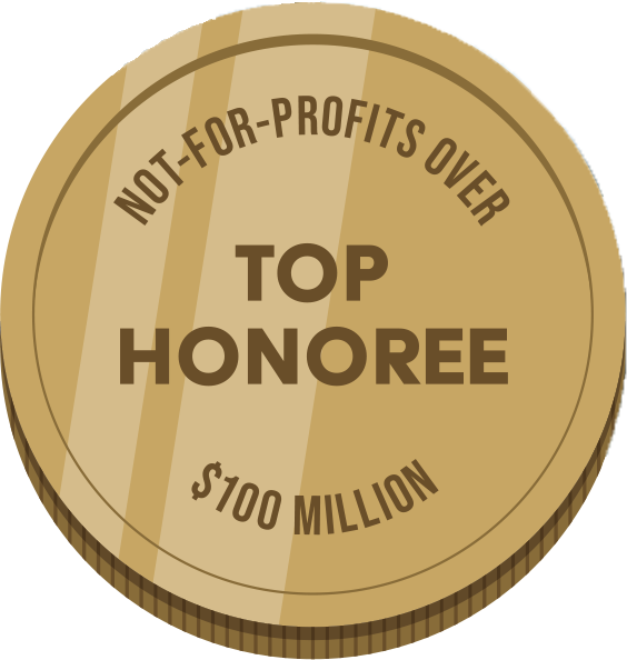 Illustration of a golden coin that reads NOT-FOR-PROFITS
over one hundred million dollars, top honoree.