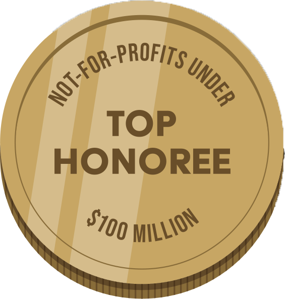 Illustration of a golden coin that reads NOT-FOR-PROFITS
under one hundred million dollars, top honoree.