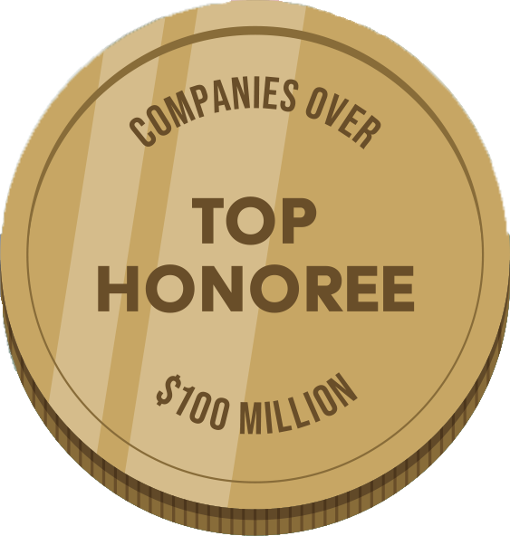 Illustration of a golden coin that reads Companies
over one hundred million dollars, top honoree.