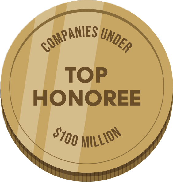 Illustration of a golden coin that reads Companies
under one hundred million dollars, top honoree.