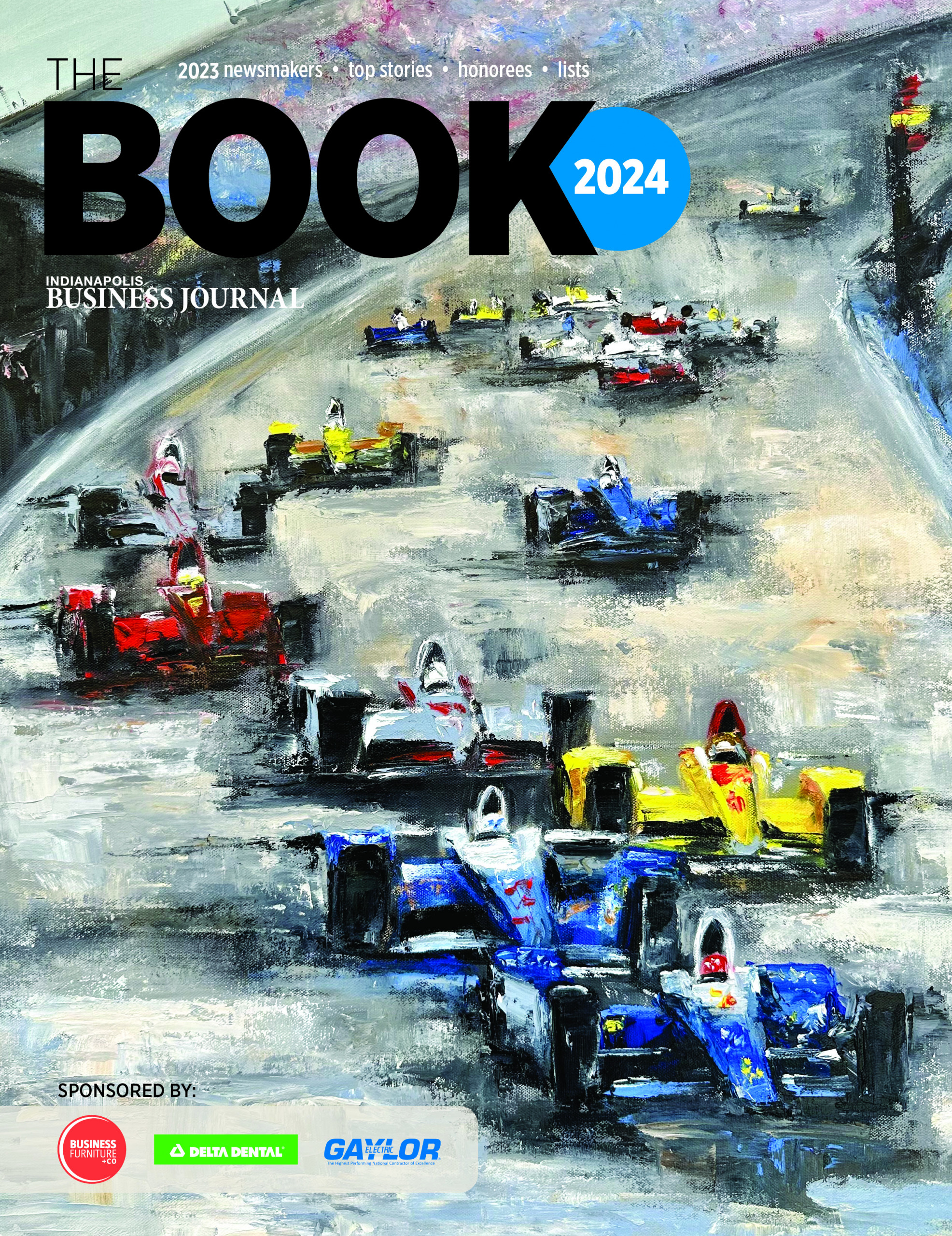 Cover of IBJ's 2024 The Book with a painted scene of Indy cars racing on a track