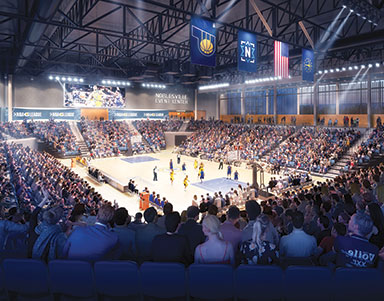 Gainbridge Fieldhouse interior during a Pacers game with fans in seated around stadium and players on the basketball court.