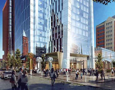 Rendering of a street level view of a glass high rise with many people walking past below