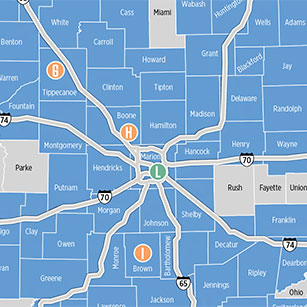 A blue background map of central indiana with grey interstates cutting through, counties are bordered and labeled.