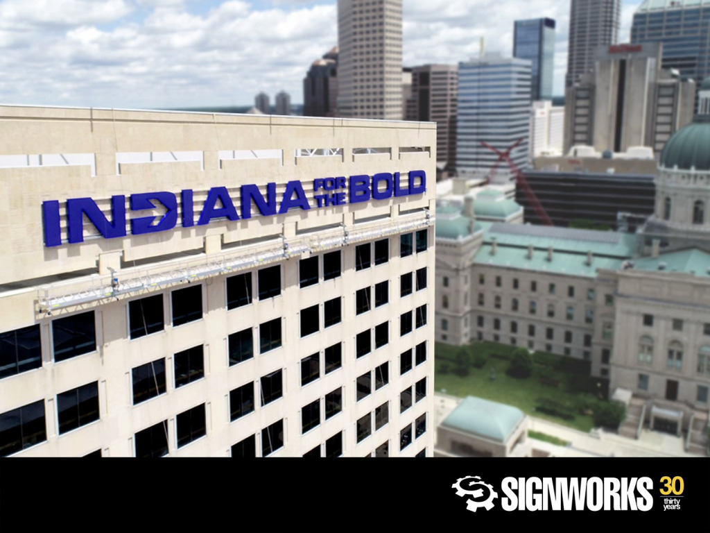 New signs on Indiana government buildings were installed by Signworks. (Photo courtesy of Signworks via Indiana Capital Chronicle)