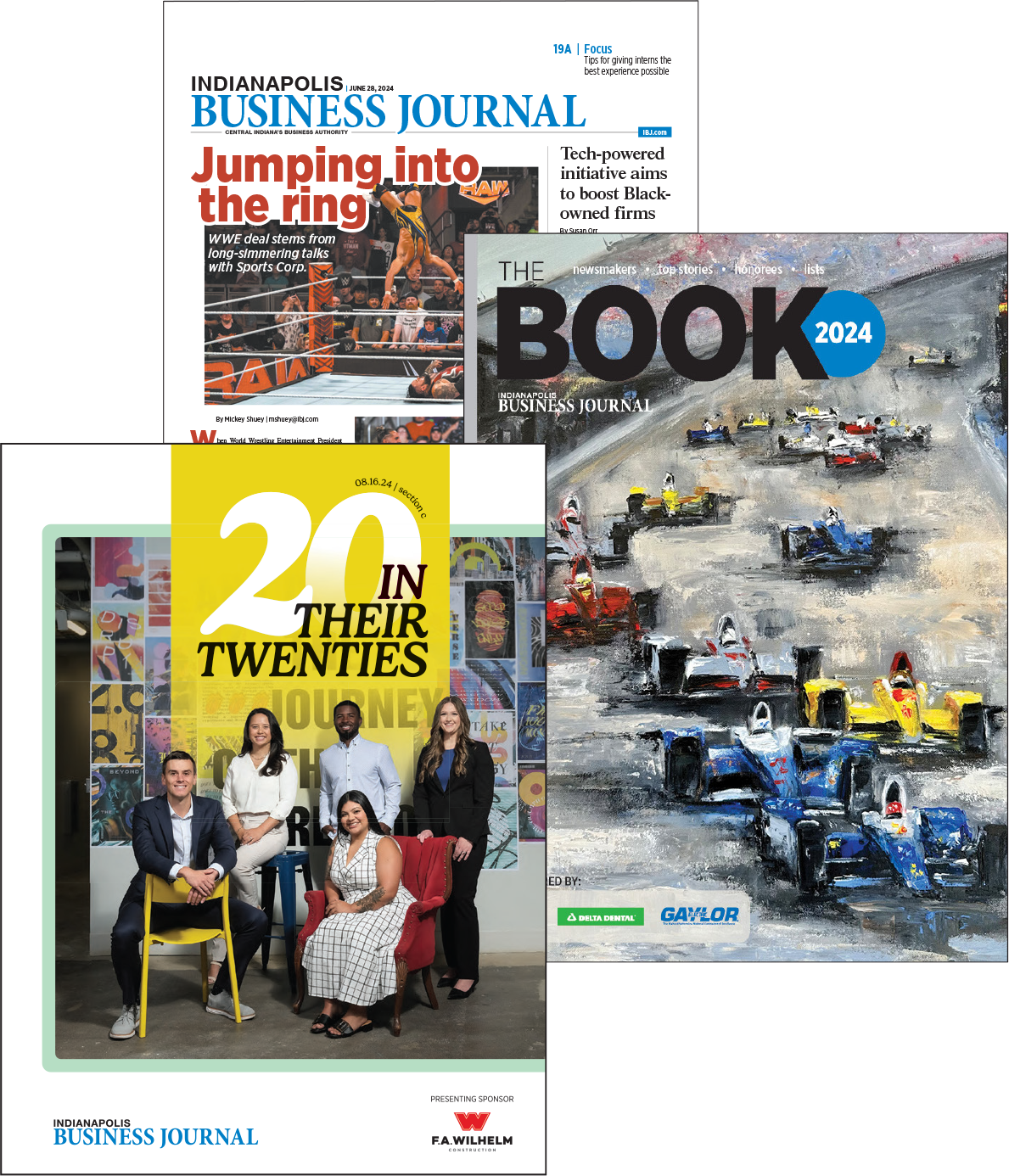 Covers of IBJ print publications, an issue of the Indianapolis Business Journal, the 2024 edition of The Book and the 20 in their Twenties awards supplement