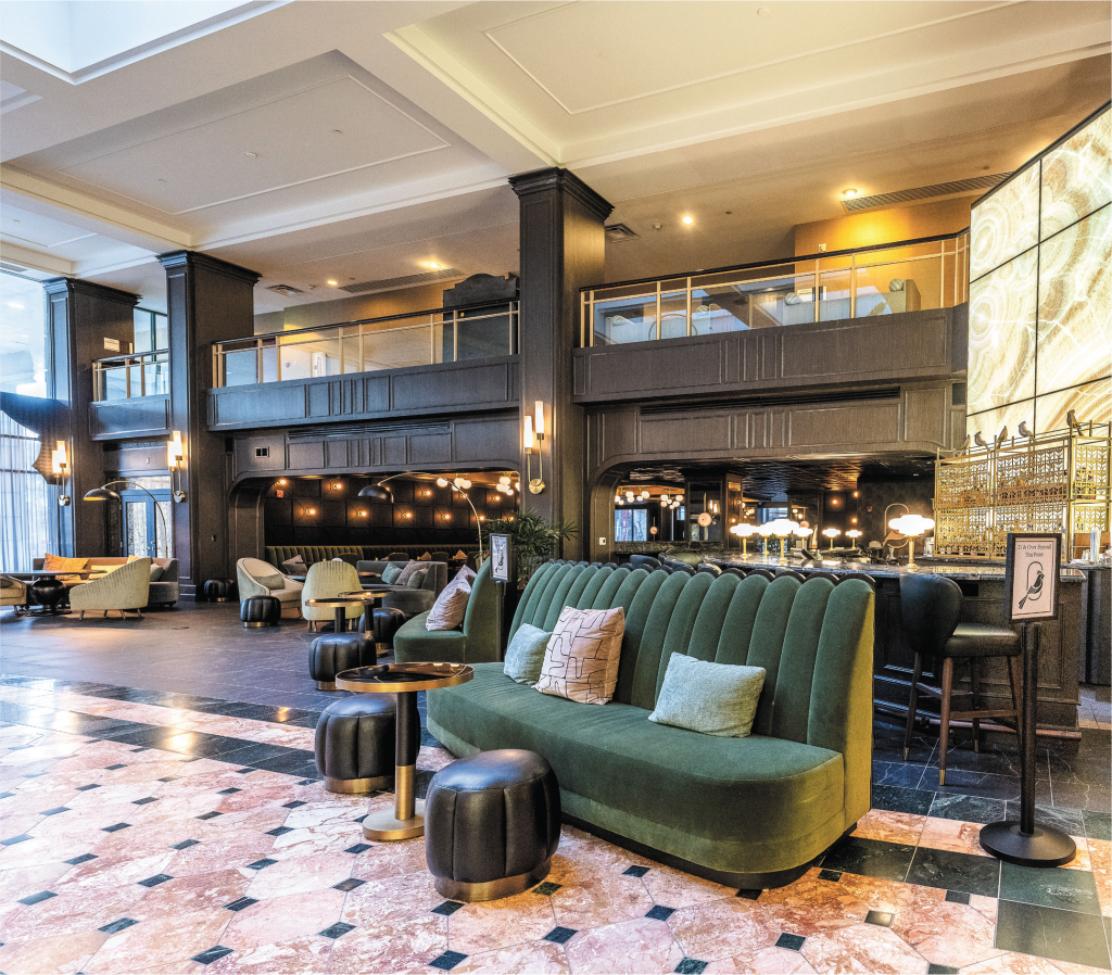 The opulently decorated lobby of the Omni Severin Hotel