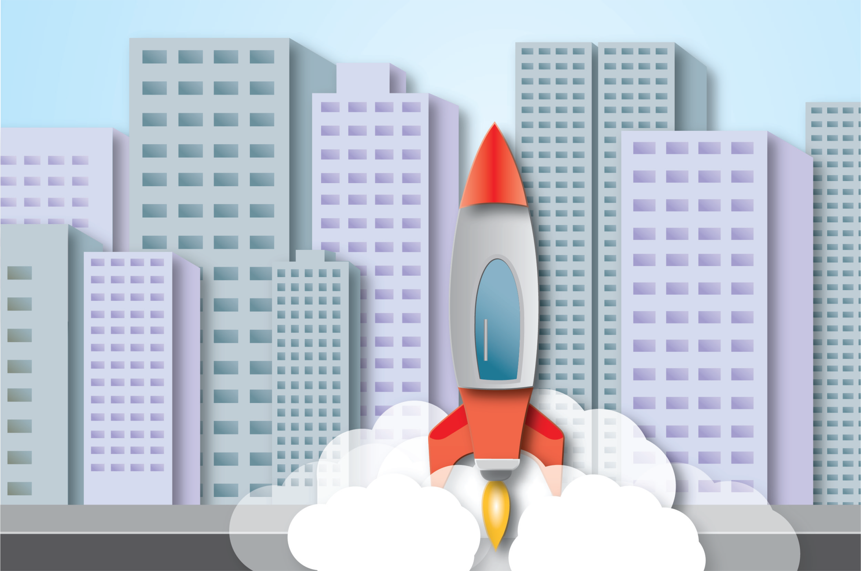 Illustration of a rocket ship taking off on a city street