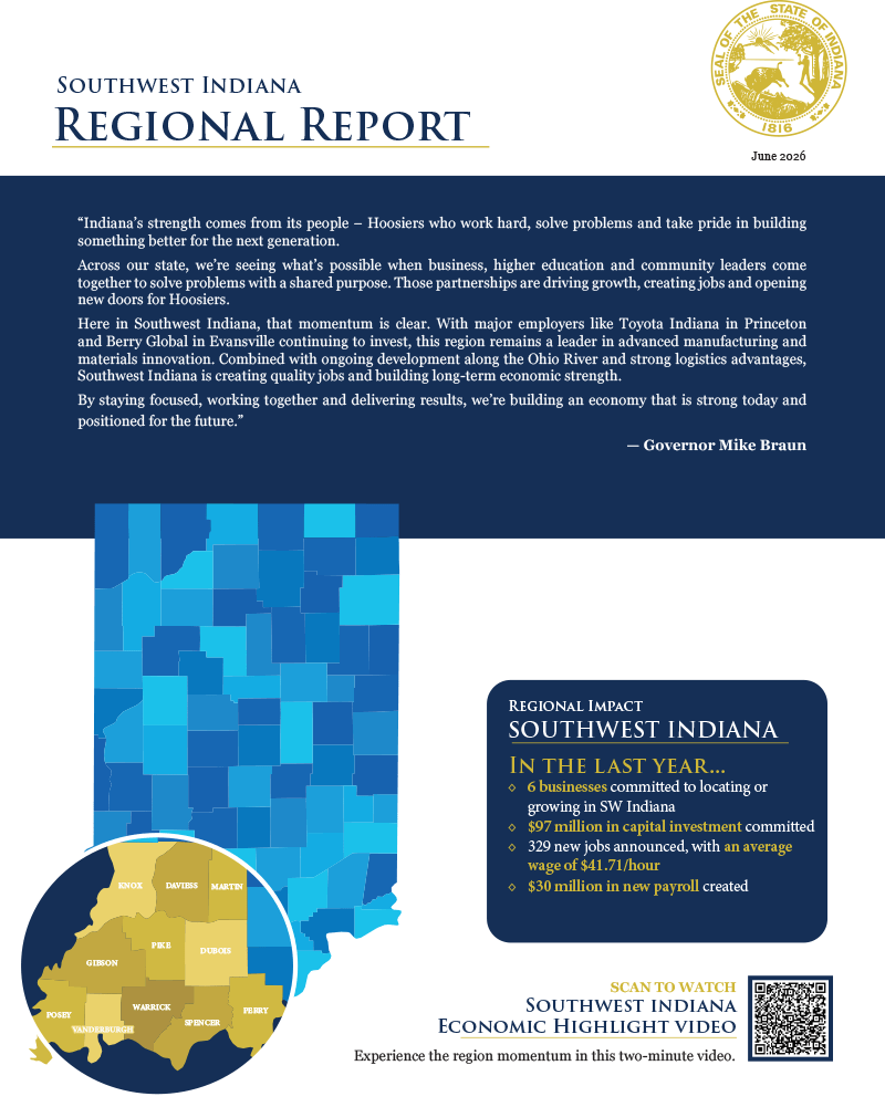 First page of IEDC's Southwest Indiana Regional Report pamphlet